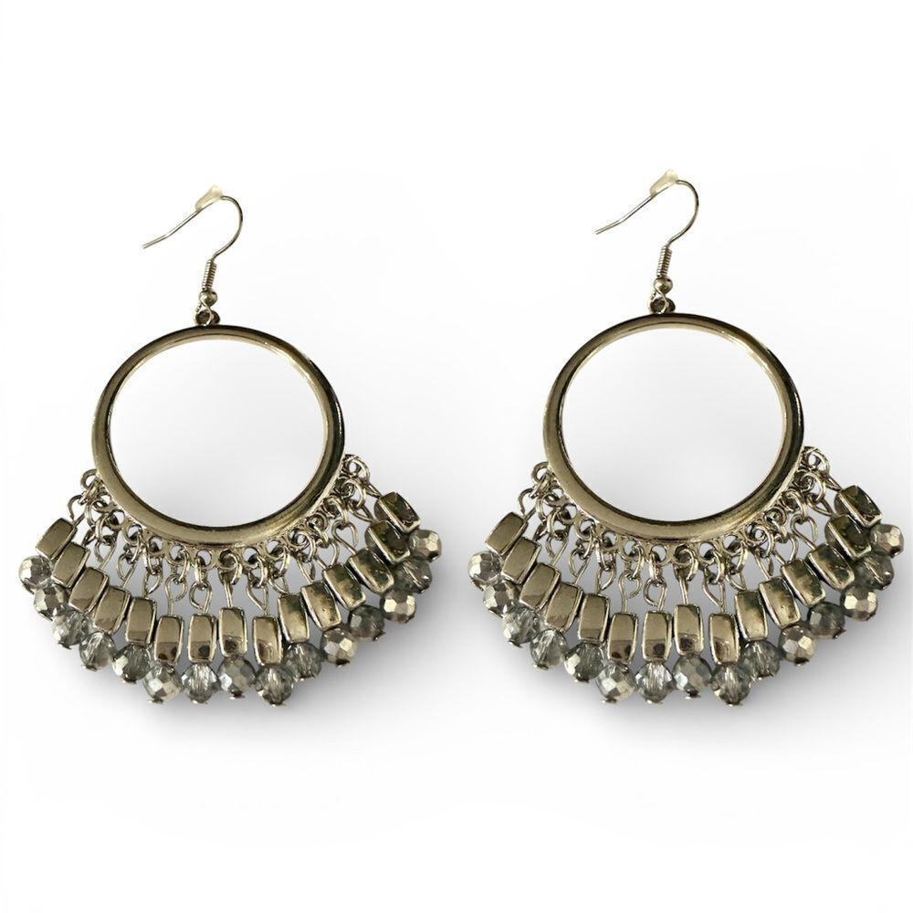 Silver Tone Hoop Fringe Earrings for Women – Lightweight Boho Crystal Drop Style